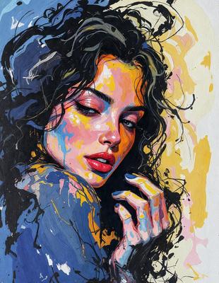 The primary subject of the image is a woman with long hair, painted in a vibrant and colorful manner. She is wearing a blue shirt and has a hand on her chin. The setting is a painting, and the visual style is a combination of digital art and illustration. The colors and mood of the painting are lively and energetic, with a focus on the woman's beauty and the vividness of her surroundings.